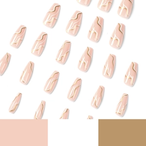 Minimalist white and gold wavy press-on nails in long coffin shape with nude pink base
