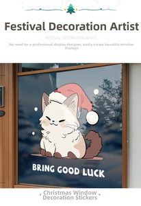 Close-up of Christmas window sticker featuring a cartoon cat and Bring Good Luck text