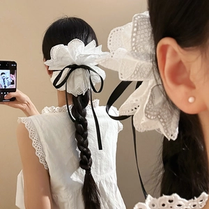 Grande Pince À Cheveux Élégante Fleur En Dentelle Blanche Avec Fausse Künstliche Perle Et Noeud En Ruban Noir Pour Femmes