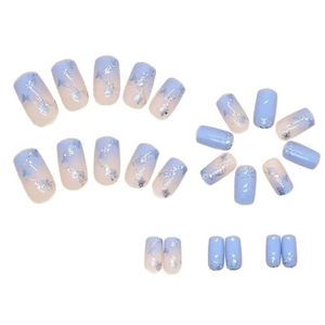Short square false nails set with blue butterfly designs and silver glitter accents