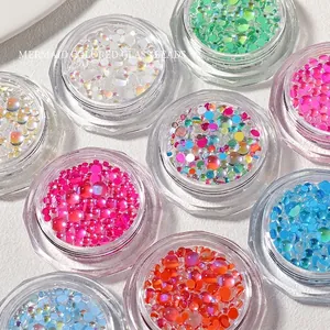 Mermaid colored glass beads for nail art shown in multiple vibrant iridescent colors