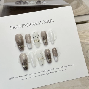 Handmade Press-On Nails Coffin Long Gray Marble White Speckled With Gold Wire Decor Artificial Finger Nails Women