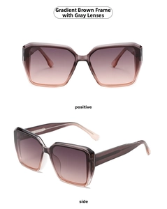 Detail view of square sunglasses with translucent tea frames and gradient lenses