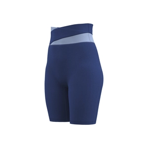 High waist yoga shorts with navy blue color block and V-shaped crossover design