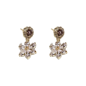 Elegant gold flower hoop earrings with zircon crystals and lavender stone for women