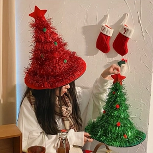 Christmas Tree Shape Party Hat Glitter Tinsel Non Woven Material Star Pom Pom Decor Festive Holiday Costume Accessory