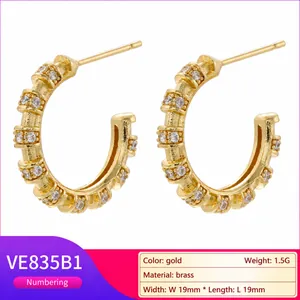 Luxurious C-shaped bamboo hoop earrings with colorful zircon in 18K gold-plated brass