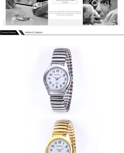 Macro view of silver and gold quartz watches with elastic stainless steel bands and numerals