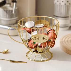 Cup-shaped gold metal wire coffee capsule storage basket with hollow coffee lettering