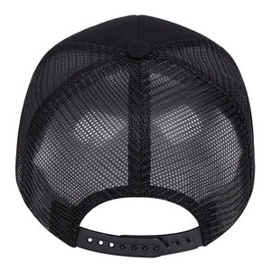 Close-up of black mesh baseball cap showing breathable texture and adjustable snapback