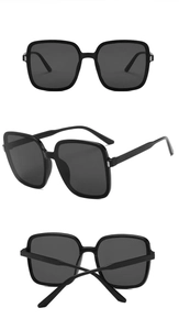 Three views of oversized square black sunglasses with stud details and dark lenses