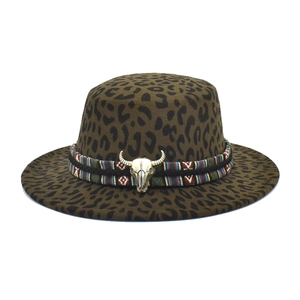 Flat top leopard print wool fedora hat with wide brim and vintage bull skull accessory