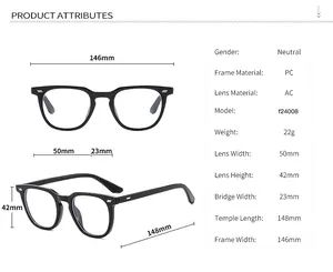 Detailed size guide with precise dimensions for square anti-blue light glasses frame