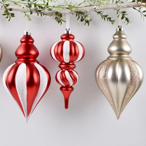 Christmas onion-shaped hanging ornaments in red, white and gold for festive ceiling decor