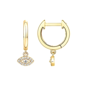 Detail of gold hoop earrings with evil eye charms featuring sparkling zircon stones