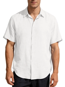 Men's white short sleeve linen polo shirt with lapel collar and casual button-up texture