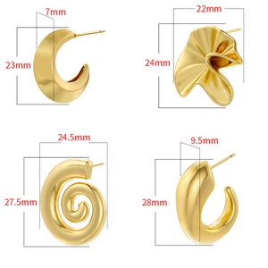 Detailed size guide for gold geometric earrings showing dimensions of all four styles