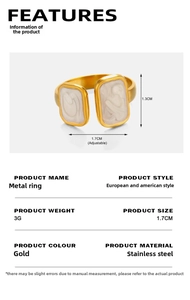 Detailed size specifications for gold stainless steel square relief open ring with ivory enamel