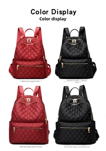Quilted nylon backpacks in red and black showing large and small size variations
