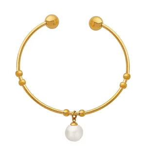 Elegant Cuff Bangle Women Titanium Steel 18K Gold Plated Imitation Artificial Pearl Dangle Retro Minimalist Bracelet Accessory