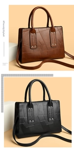 Detail of elegant black and brown handbags featuring geometric textured PU leather