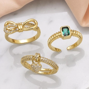 Bowknot Heart Pendant Emerald Green Cubic Zirconia Gold Plated Copper Open Adjustable Rings Fashion Jewelry For Women