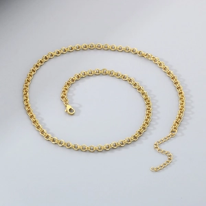 Detail of golden stainless steel chain with lobster clasp and adjustable extension link