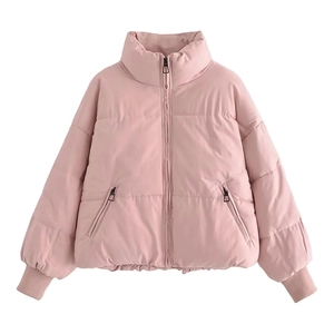 Detail view of pink quilted puffer jacket showing stand collar and front zipper closure