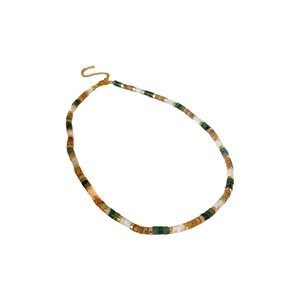 Square aquamarine pearl beaded necklace with vintage gold clasp on a white background