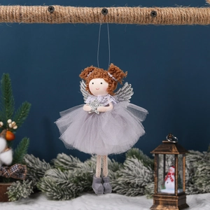 Christmas plush angel ornament with grey mesh skirt and silver wings for holiday trees