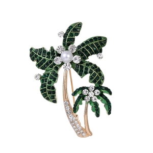 Tropical Coconut Tree Brooch Zinc Alloy Enamel Green Rhinestone Faux Artificial Pearl Sparkling Plant Jewelry Pin For Women