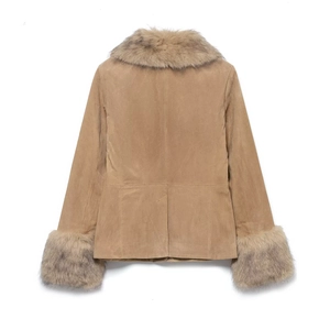 Back view of a tan faux fur suede jacket with plush collar and cuffs for women