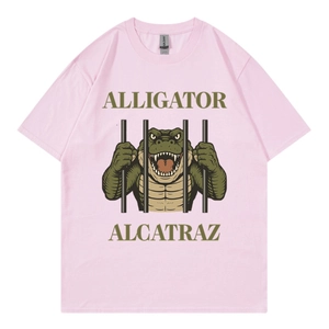 Light pink cotton T-shirt featuring Alligator Alcatraz graphic and crew neck design
