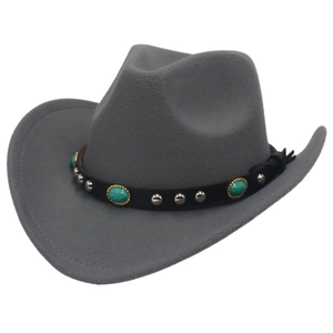 Western Cowboy Hat Retro Woolen Felt Ethnic Wide Brim Fedora With Leather Band Turquoise Rivets For Men Women