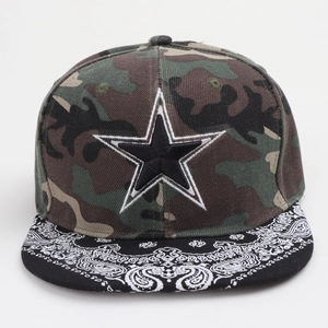 Detail of star embroidery and paisley pattern on the flat brim of a camo baseball cap