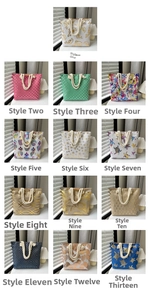 Detailed grid showing thirteen floral tote bags with cotton rope handles in various styles