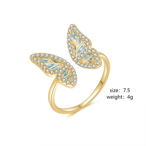 Golden butterfly ring with blue enamel and crystals, size 7.5 weight 4g gold finish
