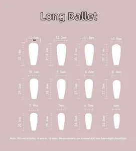 Size chart for 24pcs long coffin press-on nails with white daisy design dimensions