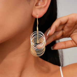 Chic multi-layered geometric round hook earrings in gold and silver metallic finish