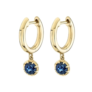 Polished gold hoop earrings with hanging blue round faceted zircon gemstone drops