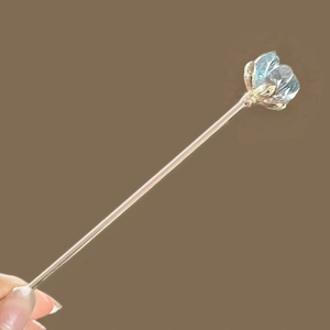 Elegant Chinese style golden lotus hair pin with iridescent blue crystal flowers