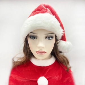 Festive red velvet Santa hat and plush shawl set shown on a mannequin head stand