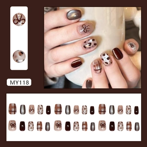Press-on nails set MY118 with leopard print, red-brown plaid, and bow accents