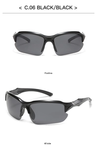 Front and 45-degree side views of black frame sports cycling sunglasses with dark lenses