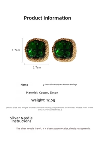 Detail view of square emerald zircon stud earrings with golden hollow patterns and dimensions