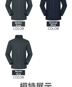 Three-color display of windproof softshell jackets in Wave Grey, Primal Blue, and Secret Grey
