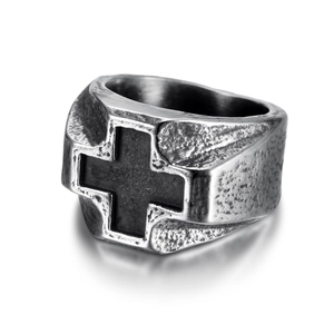 Vintage punk stainless steel cross ring in antique silver finish with textured surface