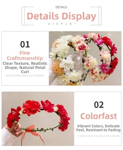 Detail showing the intricate floral textures and vivid colors of the bridal flower crown