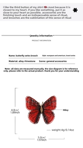 Détails de la broche papillon avec ailes dégradées rouges et dimensions en strass