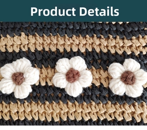 Detail of hand-crocheted white flowers on striped woven paper straw envelope clutch bag